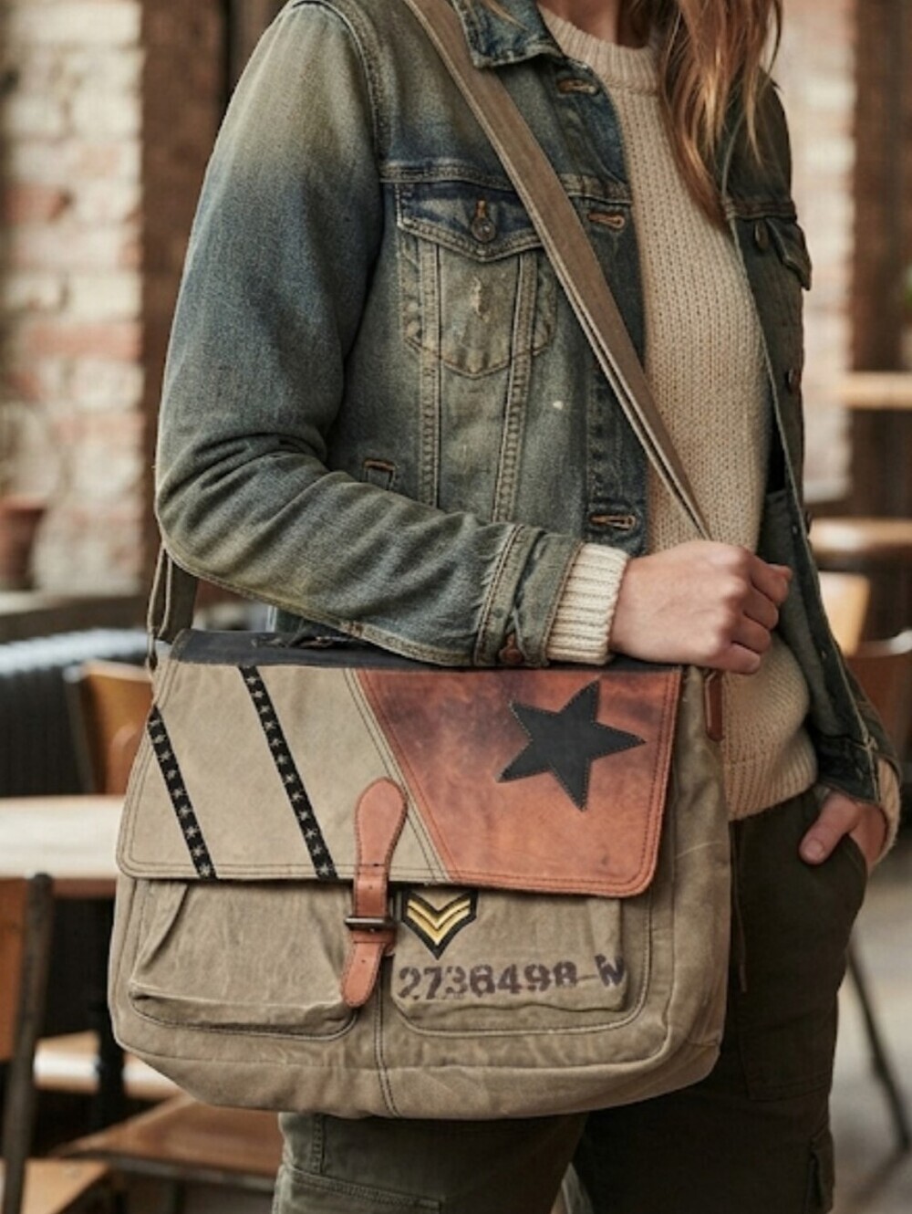 Mona B. Vintage Military Army Style Canvas Messenger Bag Star Tote Crossbody